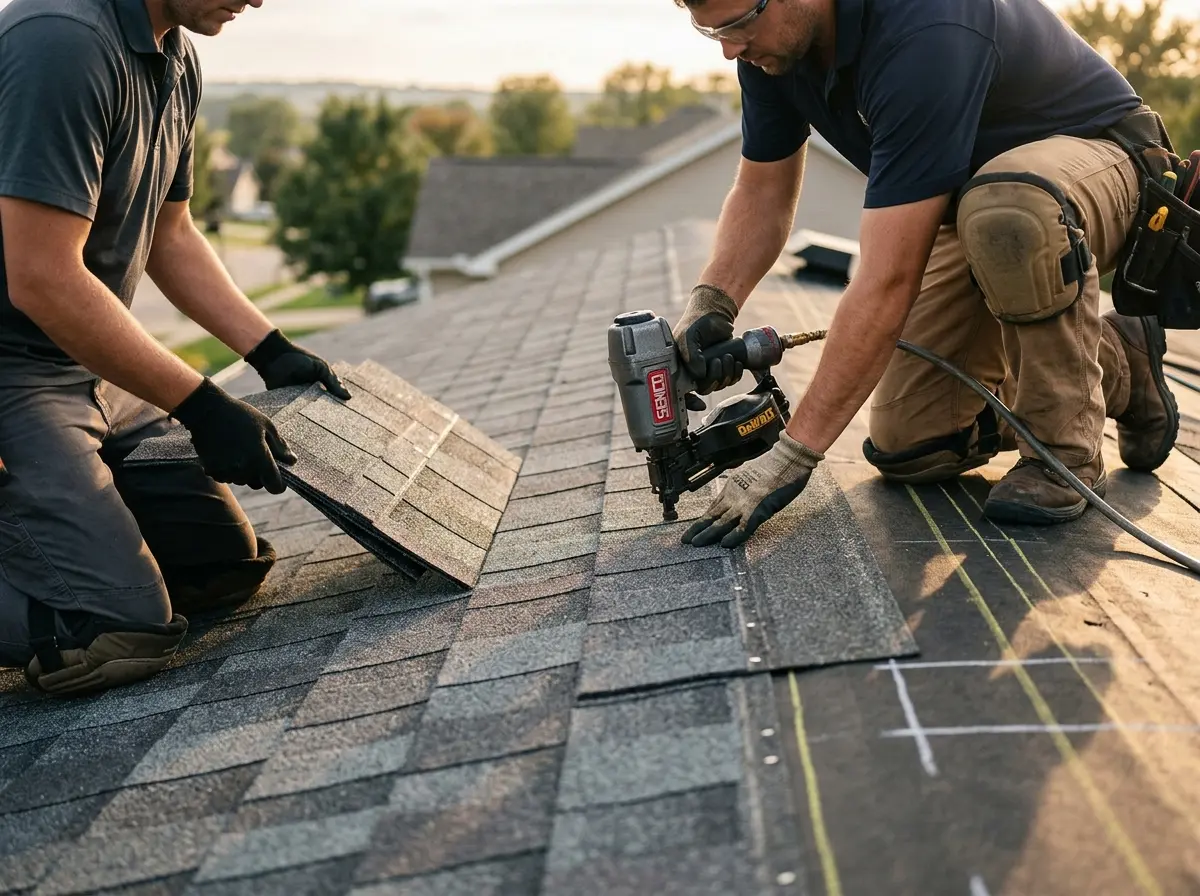 Professional roofer working on a residential roof in Elizabethtown